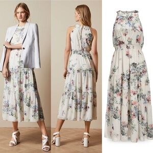 Ted Baker New With  Tags Ivory Floral Print Pergola Tiered MIDI Dress Size 6